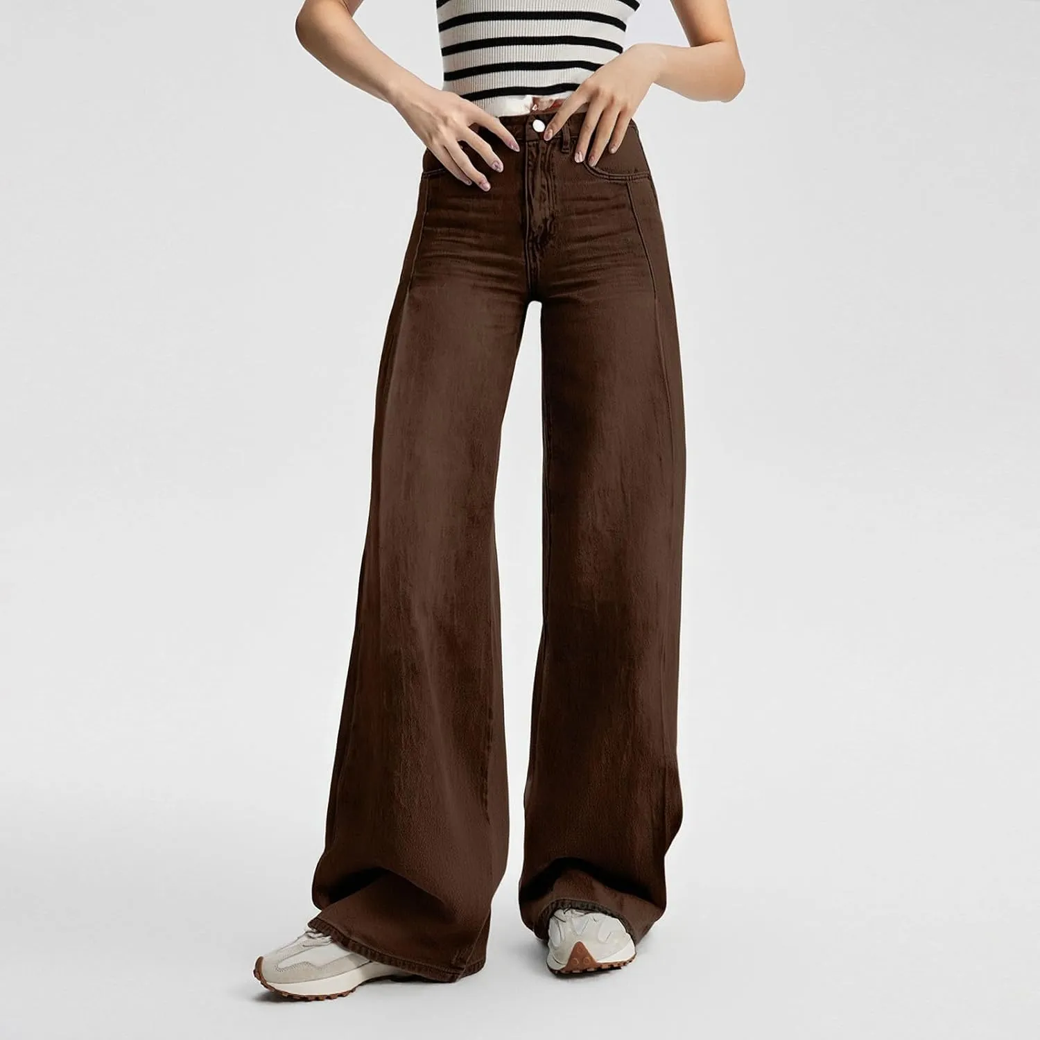 Flare Jeans for Women 2025 Summer Wide Leg Casual Jeans Vintage High Waisted Straight Stretch Pants with Pockets