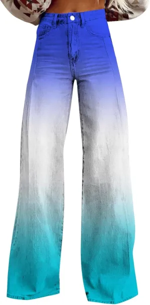 Flare Jeans for Women High Waist Wide Leg Palazzo Bell Bottom Boyfriend Denim Pants Gradient Color Baggy Ankle Jeans