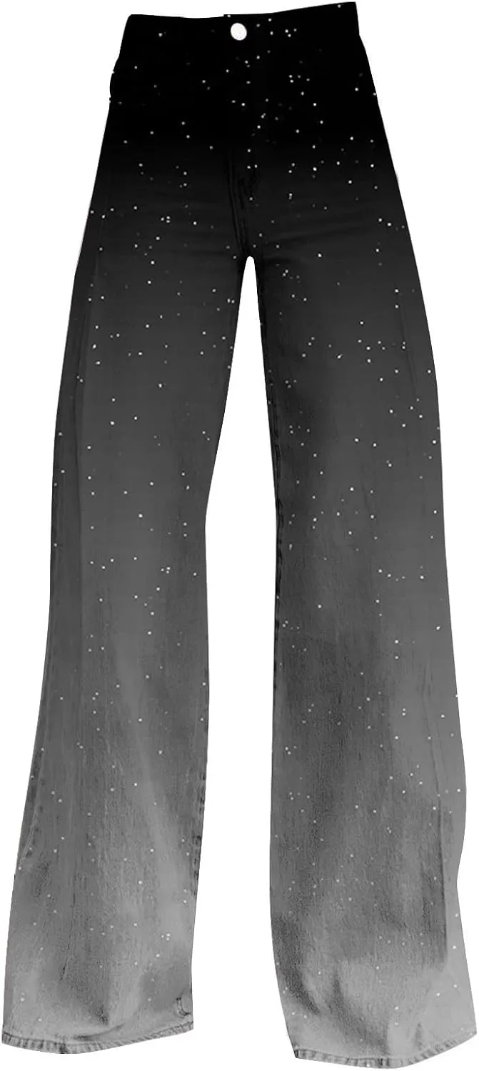 Flare Jeans for Women High Waist Wide Leg Palazzo Bell Bottom Boyfriend Denim Pants Gradient Color Baggy Ankle Jeans