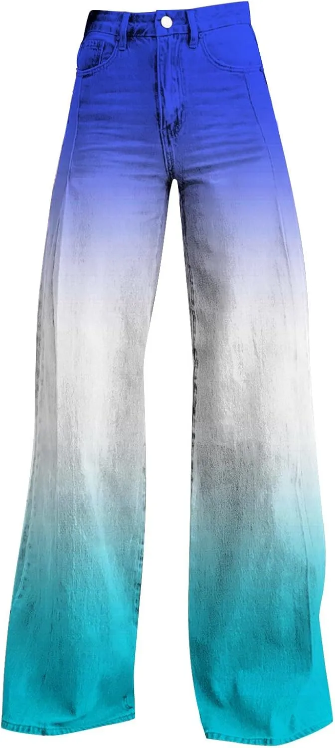 Flare Jeans for Women High Waist Wide Leg Palazzo Bell Bottom Boyfriend Denim Pants Gradient Color Baggy Ankle Jeans