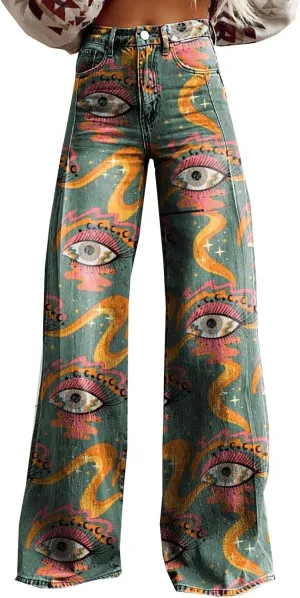 Flare Jeans for WomenWomen's Flare Wide Leg Jeans 2025 High Waisted Denim Vintage Floral Printed Pants Casual Colorful Straight Trouser