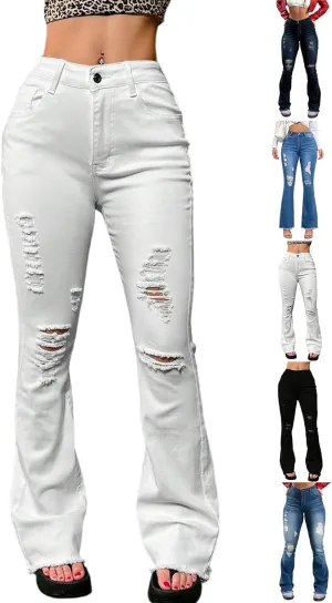 Flare Ripped Jeans Womens High Waisted Distressed Skinny Bootcut Jeans Bell Bottom Pants Denim Pants with Pockets