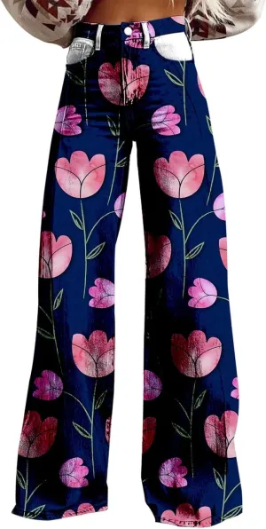 Flare Wide Leg Jeans for Women 2025 Floral Print Baggy Pant Vintage High Waisted Straight Stretch Pants with Pockets