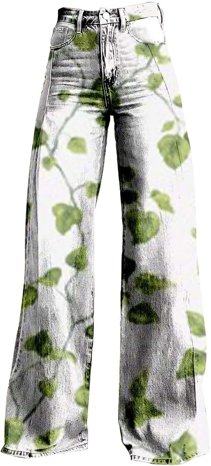 Flare Wide Leg Jeans for Women 2025 Floral Print Baggy Pant Vintage High Waisted Straight Stretch Pants with Pockets