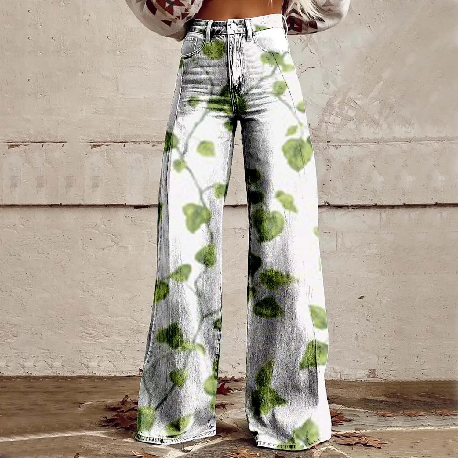 Flare Wide Leg Jeans for Women 2025 Floral Print Baggy Pant Vintage High Waisted Straight Stretch Pants with Pockets