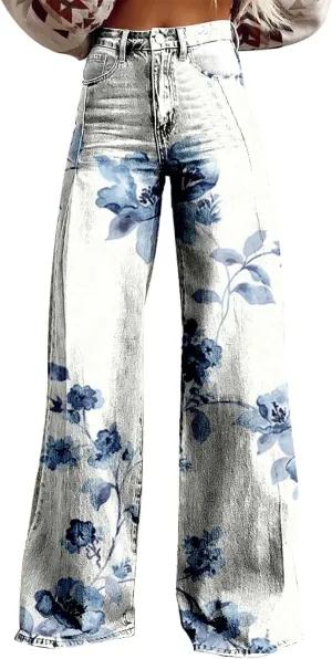 Flare Wide Leg Jeans for Women 2025 Floral Print Baggy Pant Vintage High Waisted Straight Stretch Pants with Pockets
