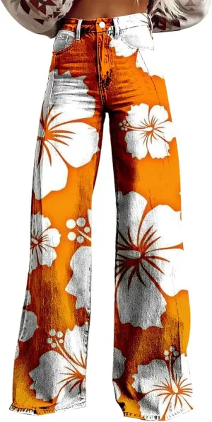 Flare Wide Leg Jeans for Women 2025 Floral Print Baggy Pant Vintage High Waisted Straight Stretch Pants with Pockets