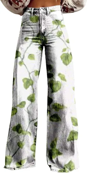 Flare Wide Leg Jeans for Women 2025 Floral Print Baggy Pant Vintage High Waisted Straight Stretch Pants with Pockets