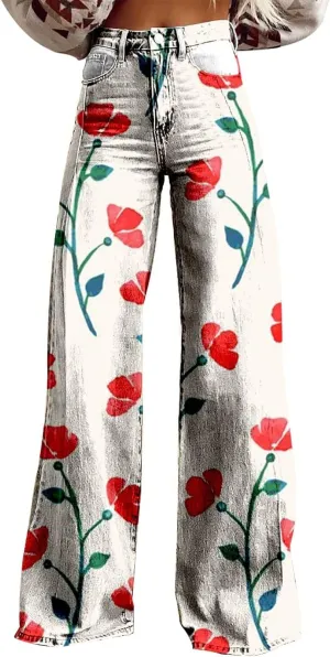 Flare Wide Leg Jeans for Women 2025 Floral Print Baggy Pant Vintage High Waisted Straight Stretch Pants with Pockets