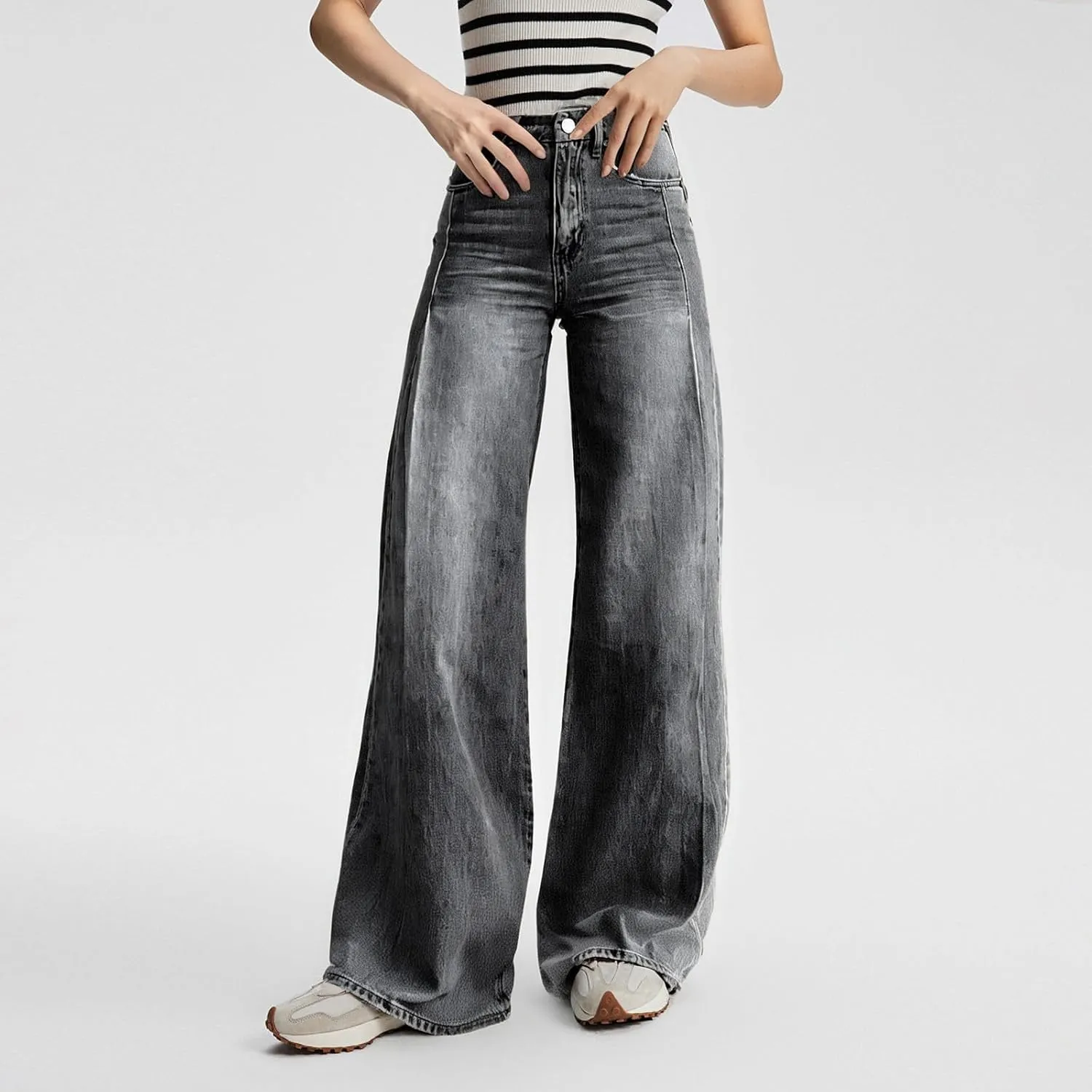 FlekmanArt Wide Leg Jeans for Women Cropped High Waisted Trendy Button Fly Patch Pockets Stretchy Denim Pants Trousers Jeans