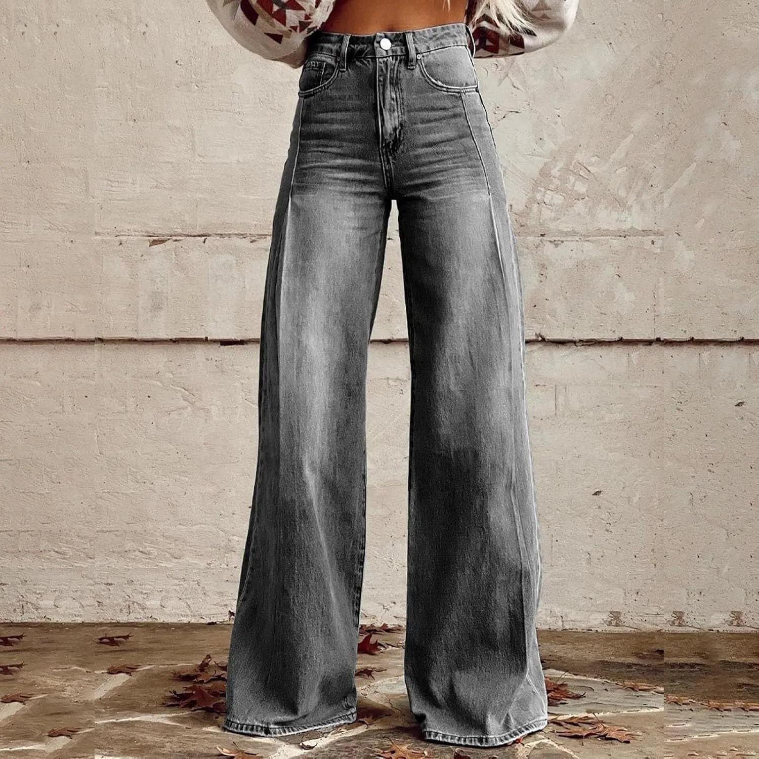 FlekmanArt Wide Leg Jeans for Women Cropped High Waisted Trendy Button Fly Patch Pockets Stretchy Denim Pants Trousers Jeans