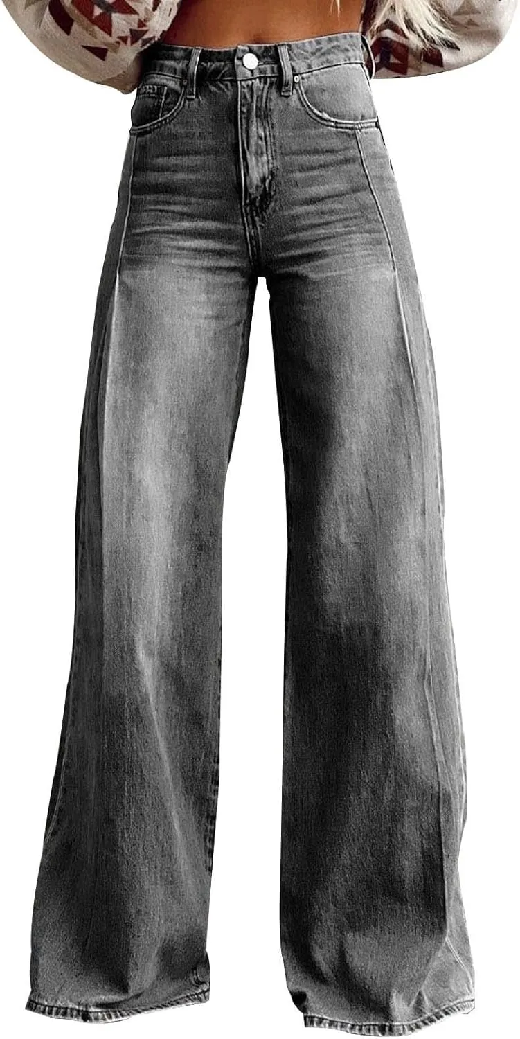 FlekmanArt Wide Leg Jeans for Women Cropped High Waisted Trendy Button Fly Patch Pockets Stretchy Denim Pants Trousers Jeans