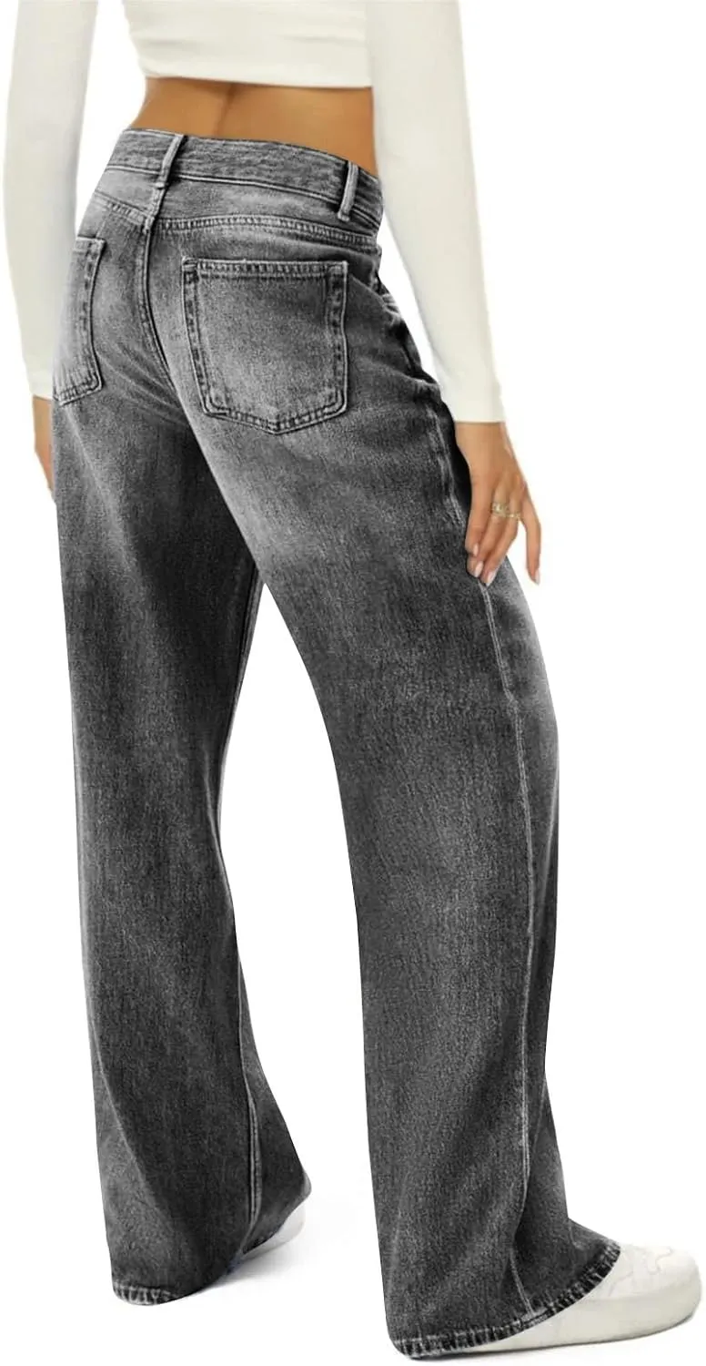 FlekmanArt Wide Leg Jeans for Women Cropped High Waisted Trendy Button Fly Patch Pockets Stretchy Denim Pants Trousers Jeans