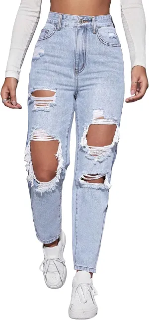 Floerns Women's High Waist Boyfriend Straight Leg Ripped Jeans Distressed Denim Pants Grey