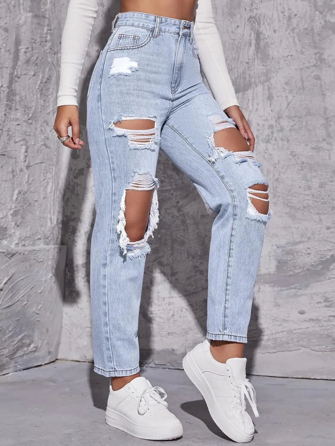 Floerns Women's High Waist Boyfriend Straight Leg Ripped Jeans Distressed Denim Pants Grey