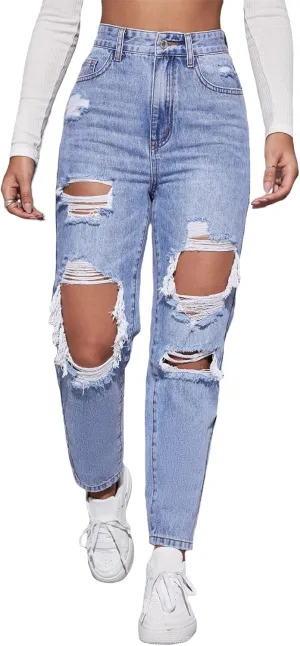 Floerns Women's High Waist Boyfriend Straight Leg Ripped Jeans Distressed Denim Pants Grey
