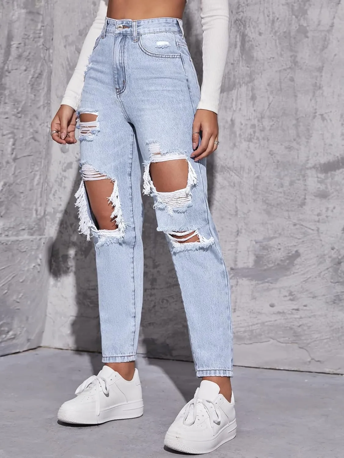 Floerns Women's High Waist Boyfriend Straight Leg Ripped Jeans Distressed Denim Pants Grey