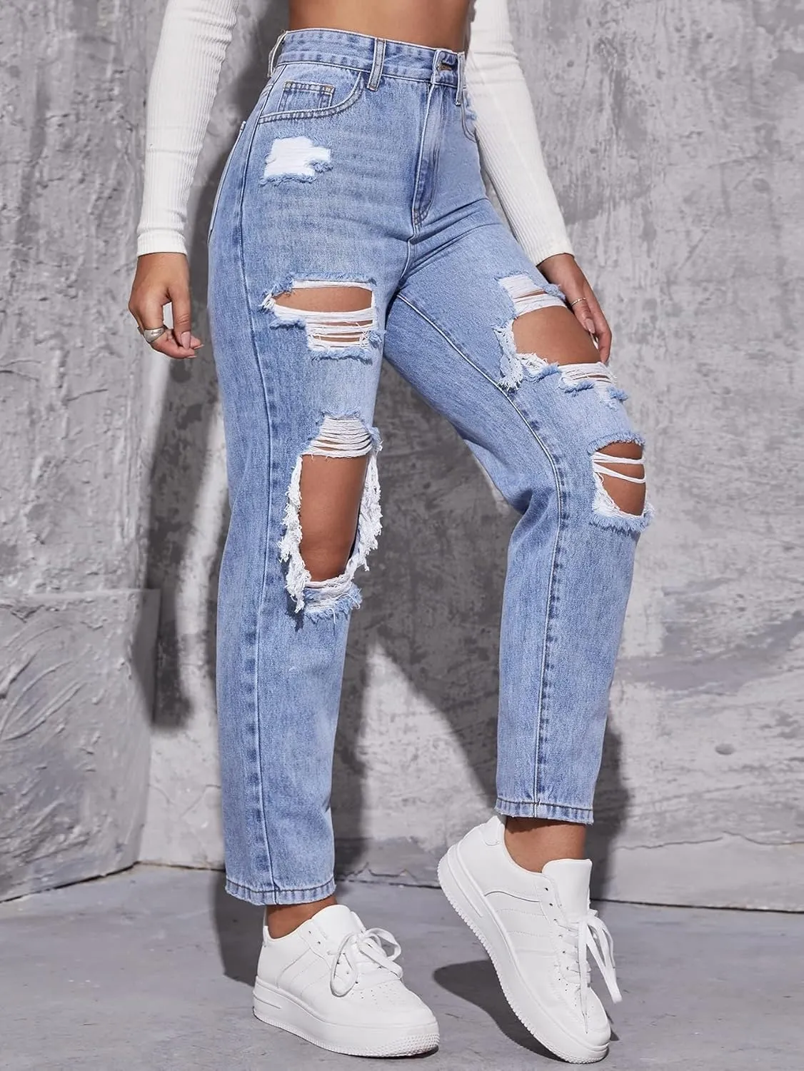 Floerns Women's High Waist Boyfriend Straight Leg Ripped Jeans Distressed Denim Pants Grey