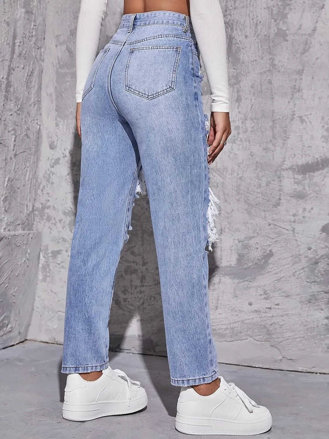 Floerns Women's High Waist Boyfriend Straight Leg Ripped Jeans Distressed Denim Pants Grey