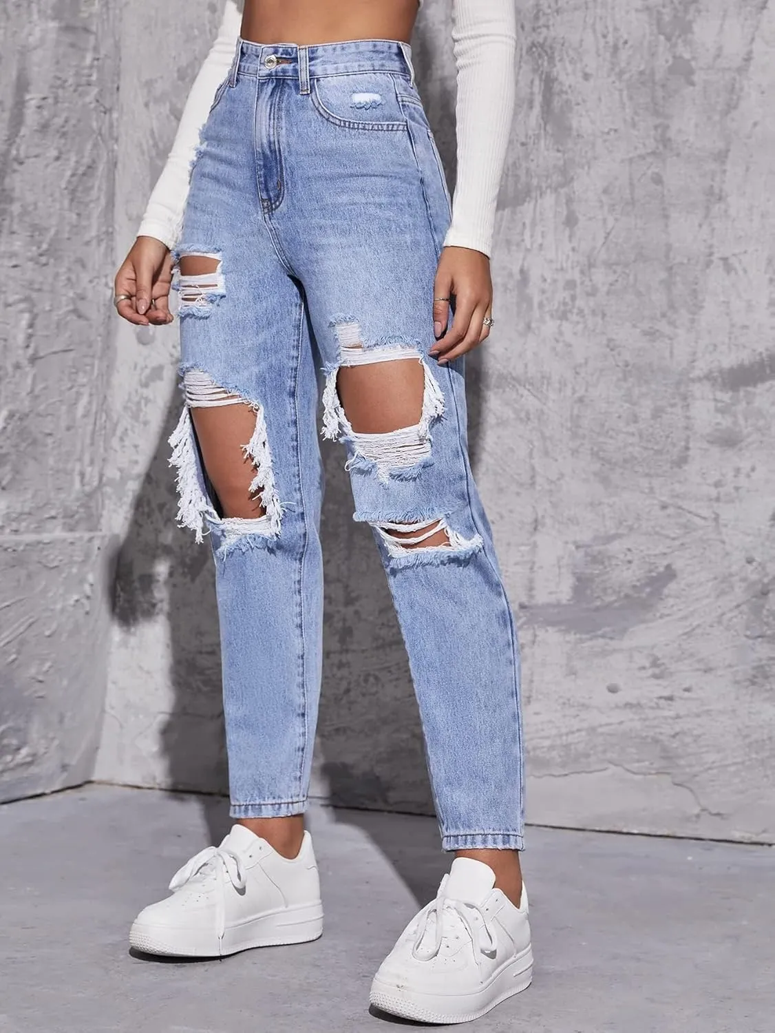 Floerns Women's High Waist Boyfriend Straight Leg Ripped Jeans Distressed Denim Pants Grey