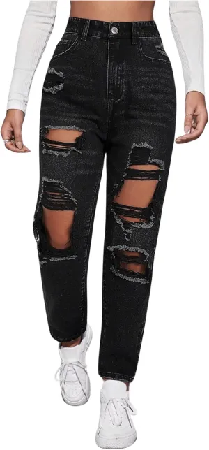 Floerns Women's High Waist Boyfriend Straight Leg Ripped Jeans Distressed Denim Pants Grey
