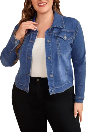 Floerns Women's Plus Size Ripped Distressed Long Sleeve Denim Jacket