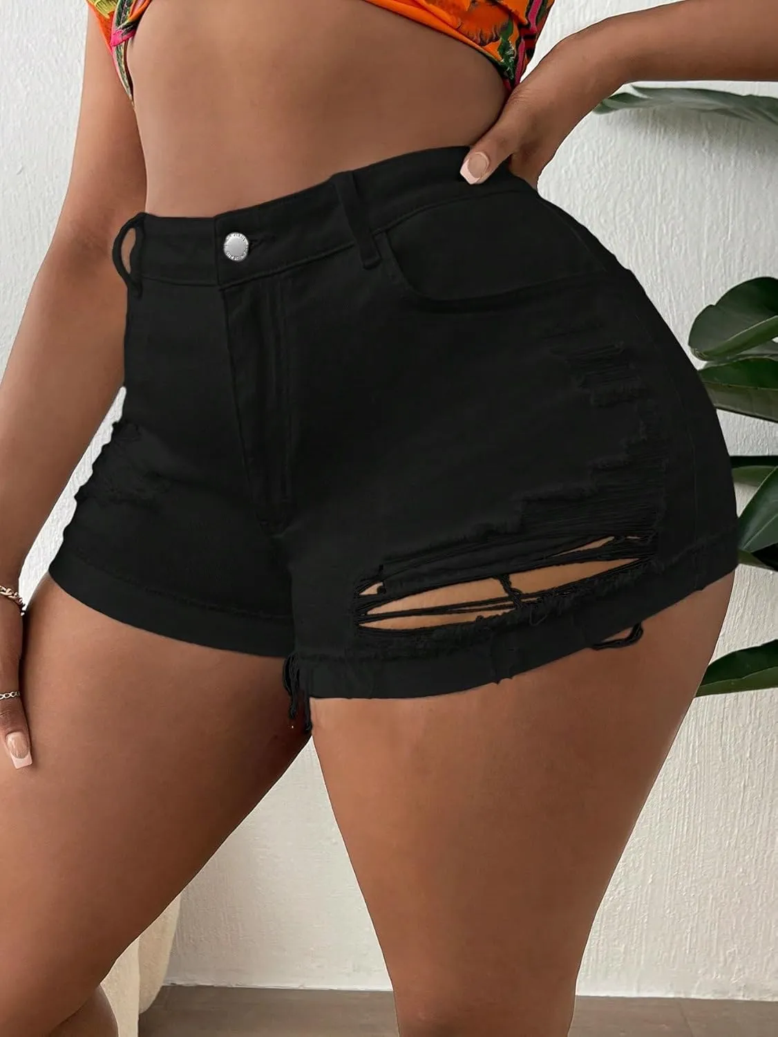 Floerns Women's Plus Size Ripped Jeans High Waisted Frayed Hem Denim Shorts