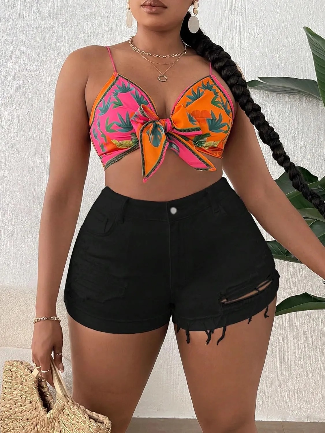 Floerns Women's Plus Size Ripped Jeans High Waisted Frayed Hem Denim Shorts