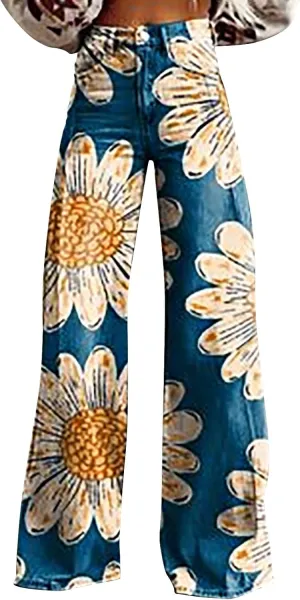 Floral Jeans for Women 2025 Wide Leg Baggy Pant Vintage Floral Print High Waisted Straight Stretch Pants with Pocket