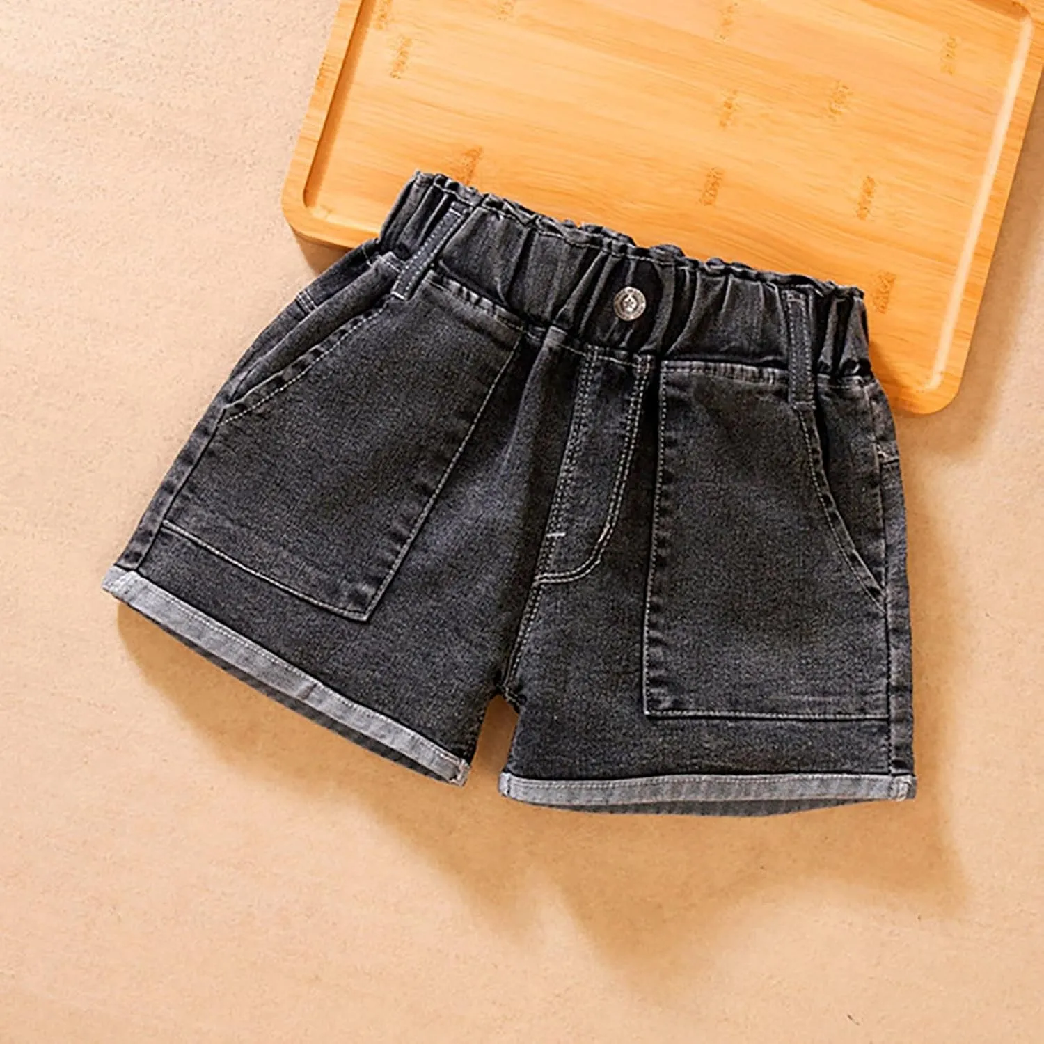 Girls Cuffed Denim Shorts Elastic Waisted Kids Baggy Vintage Jeans Pockets Trendy Aesthetic Casual Cool Pants