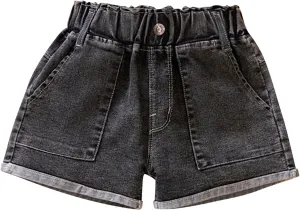 Girls Cuffed Denim Shorts Elastic Waisted Kids Baggy Vintage Jeans Pockets Trendy Aesthetic Casual Cool Pants