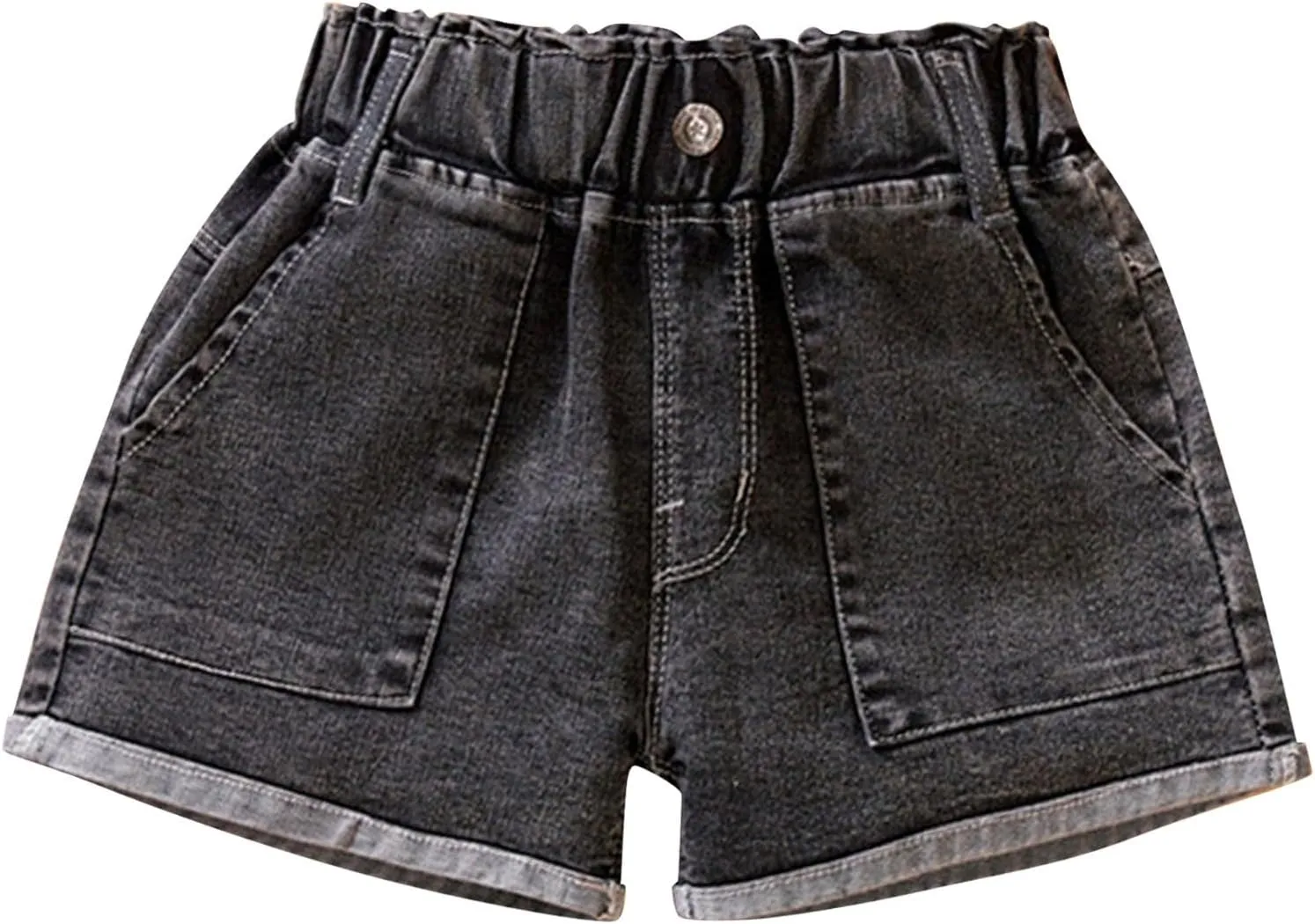 Girls Cuffed Denim Shorts Elastic Waisted Kids Baggy Vintage Jeans Pockets Trendy Aesthetic Casual Cool Pants