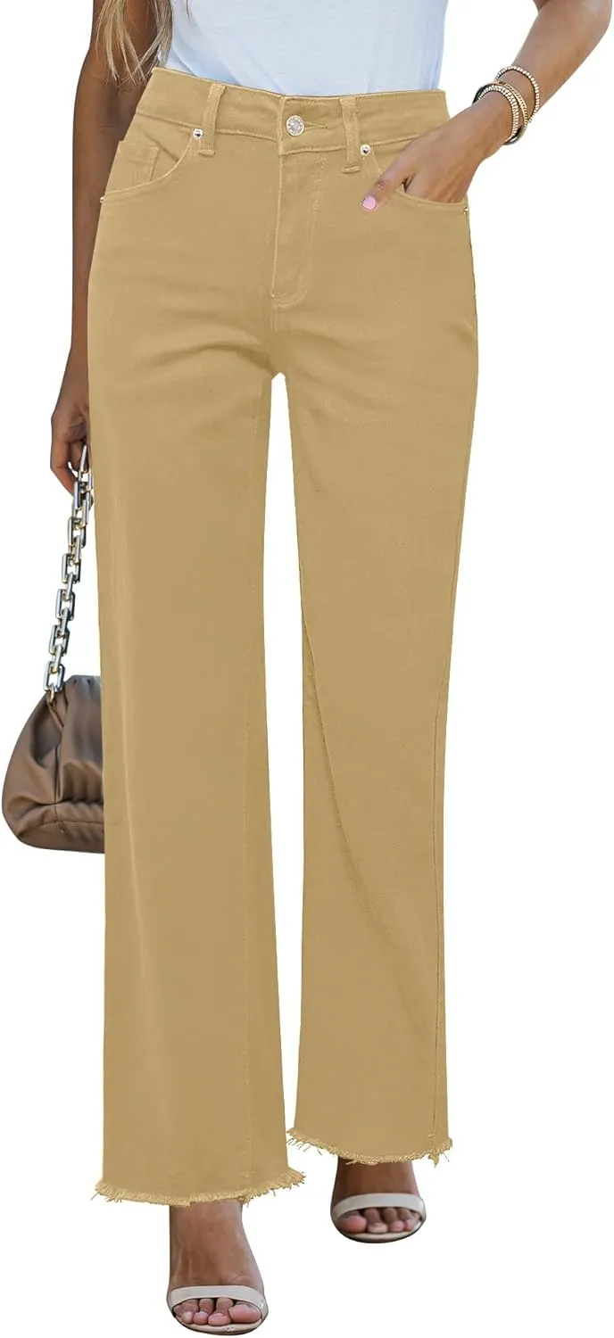GRAPENT Straight Leg Jeans for Women High Waisted Stretchy Frayed Raw Hem Loose Denim Pants Casual Baggy Jean Trousers