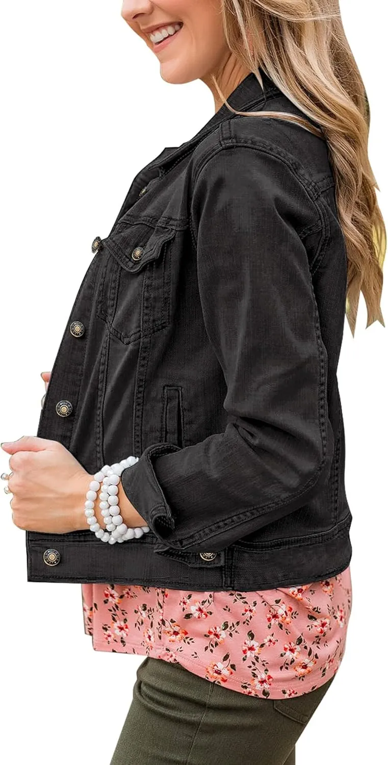 GRAPENT Women's Basic Button Down Long Sleeve Stretchy Jean Trucker Denim Jacket