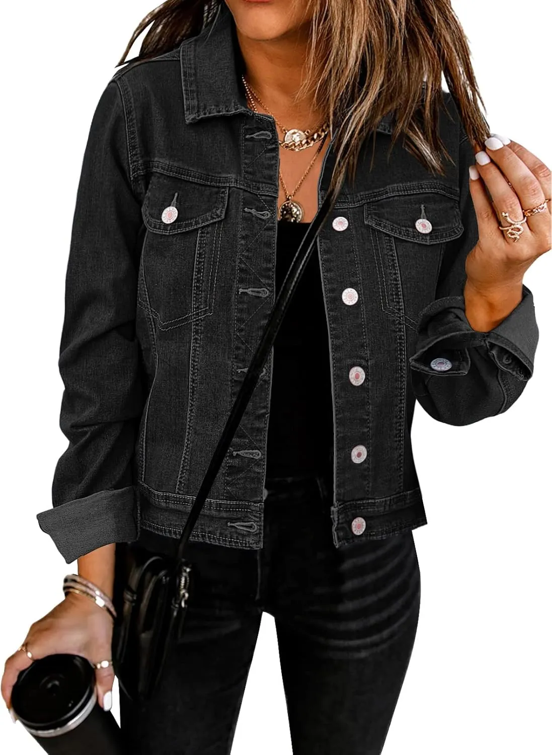 GRAPENT Women's Basic Button Down Long Sleeve Stretchy Jean Trucker Denim Jacket