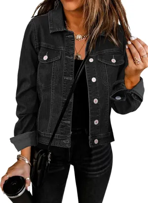 GRAPENT Women's Basic Button Down Long Sleeve Stretchy Jean Trucker Denim Jacket
