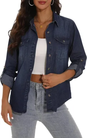 GUANYY Womens Denim Button Down Shirt Long Sleeve V Neck Jean Shirts Western Chambray Blouse Top