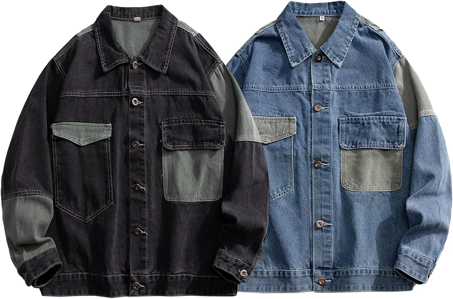 GURUNVANI Patchwork Denim Jacket Mens Oversized Jean Coat Button Down Outwear Tops