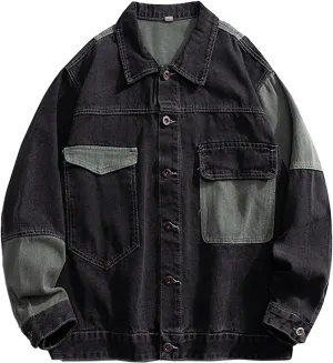 GURUNVANI Patchwork Denim Jacket Mens Oversized Jean Coat Button Down Outwear Tops
