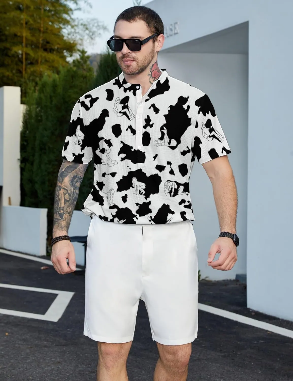 Hawaiian Mens Henley Polo Shirts Short Sleeve Quick Dry Funny Print Casual Collarless Golf Shirts for Men