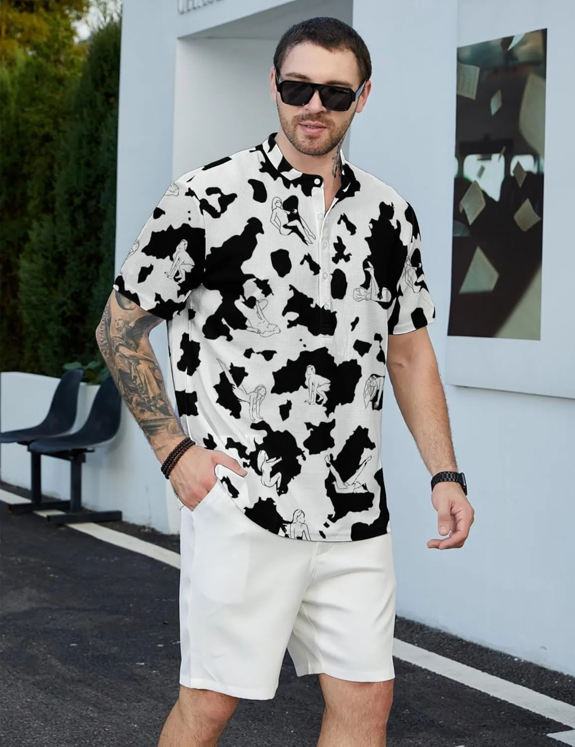 Hawaiian Mens Henley Polo Shirts Short Sleeve Quick Dry Funny Print Casual Collarless Golf Shirts for Men