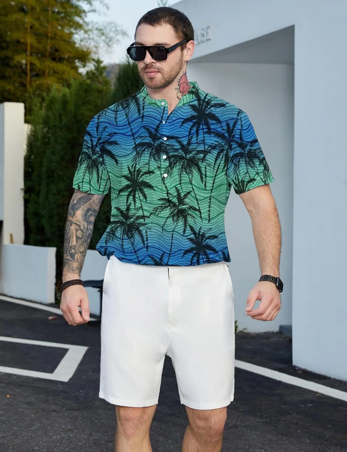Hawaiian Mens Henley Polo Shirts Short Sleeve Quick Dry Funny Print Casual Collarless Golf Shirts for Men
