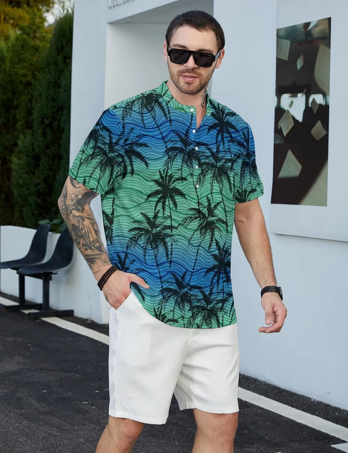 Hawaiian Mens Henley Polo Shirts Short Sleeve Quick Dry Funny Print Casual Collarless Golf Shirts for Men