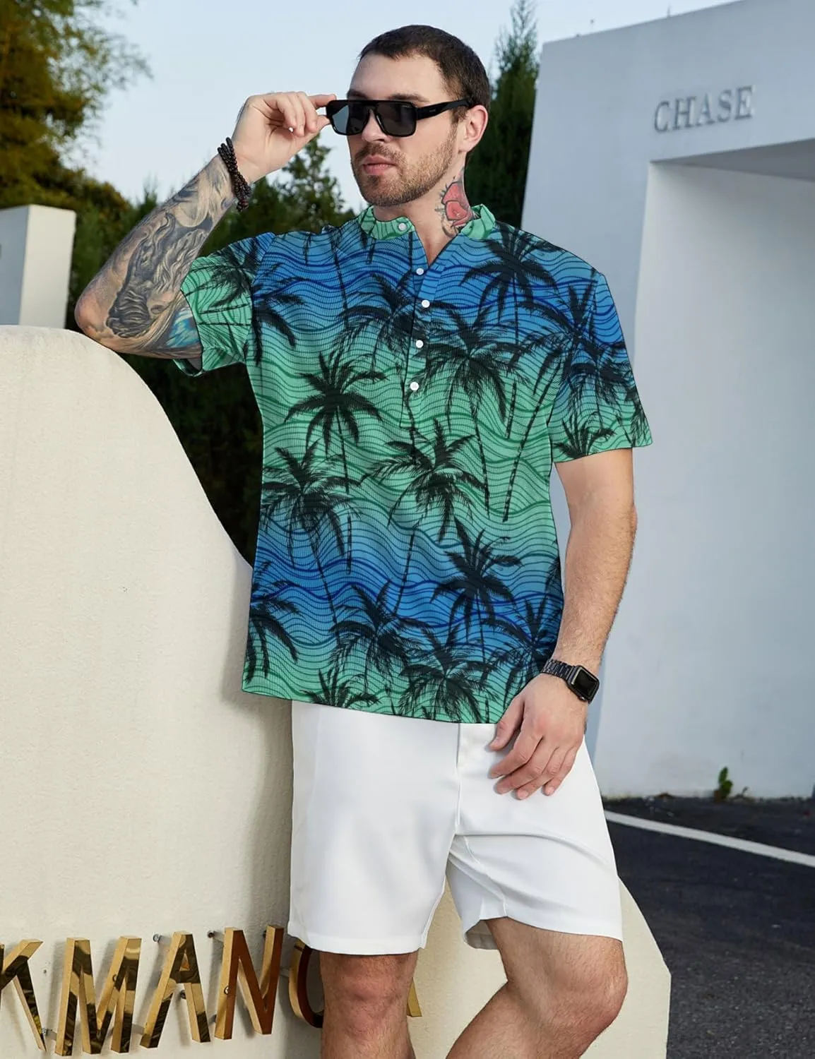 Hawaiian Mens Henley Polo Shirts Short Sleeve Quick Dry Funny Print Casual Collarless Golf Shirts for Men