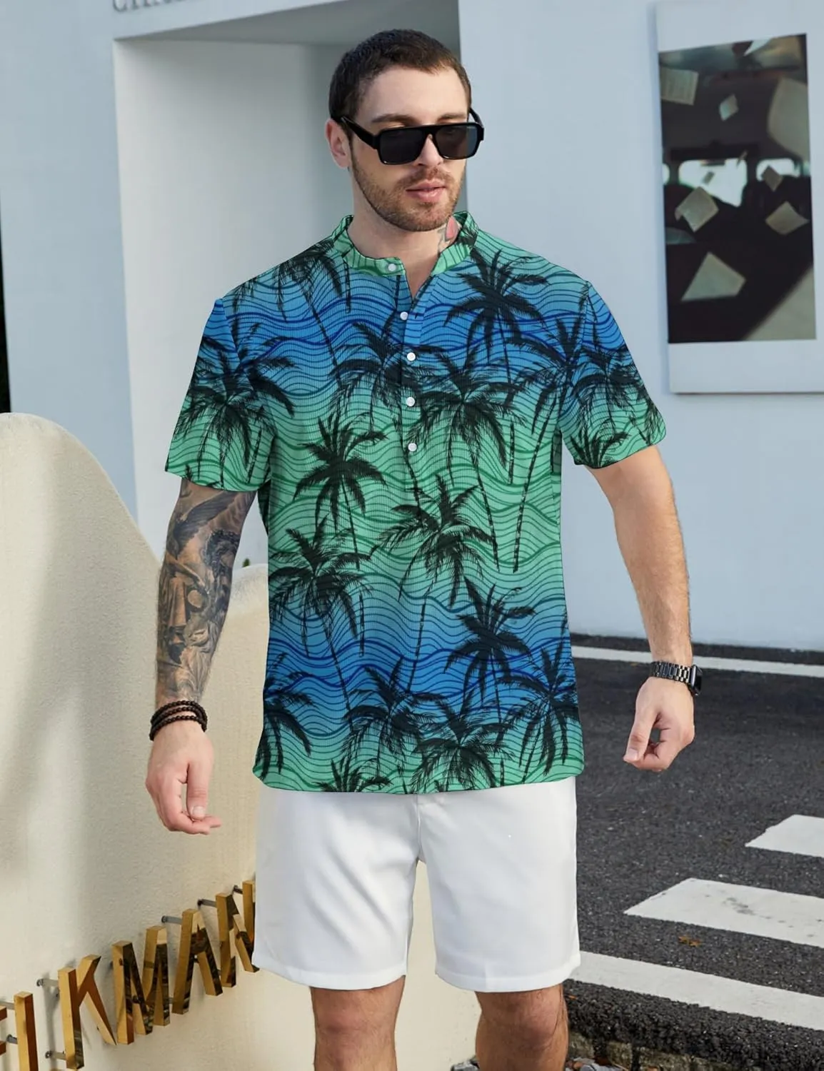 Hawaiian Mens Henley Polo Shirts Short Sleeve Quick Dry Funny Print Casual Collarless Golf Shirts for Men