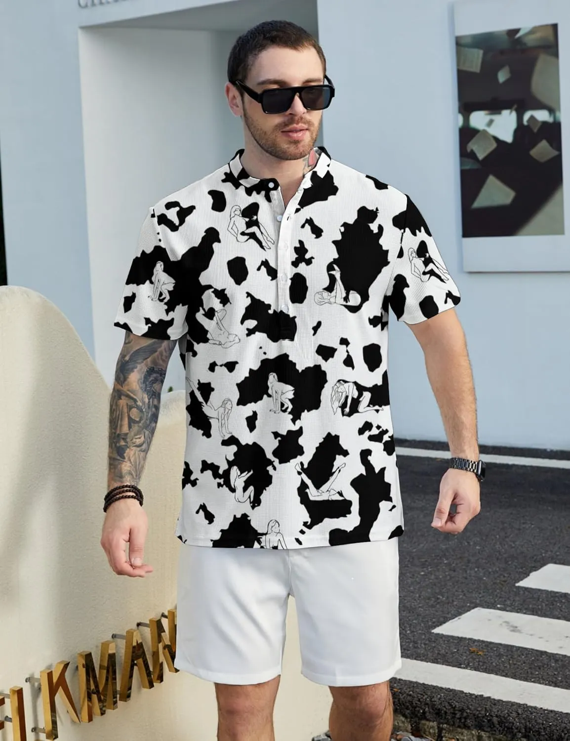 Hawaiian Mens Henley Polo Shirts Short Sleeve Quick Dry Funny Print Casual Collarless Golf Shirts for Men