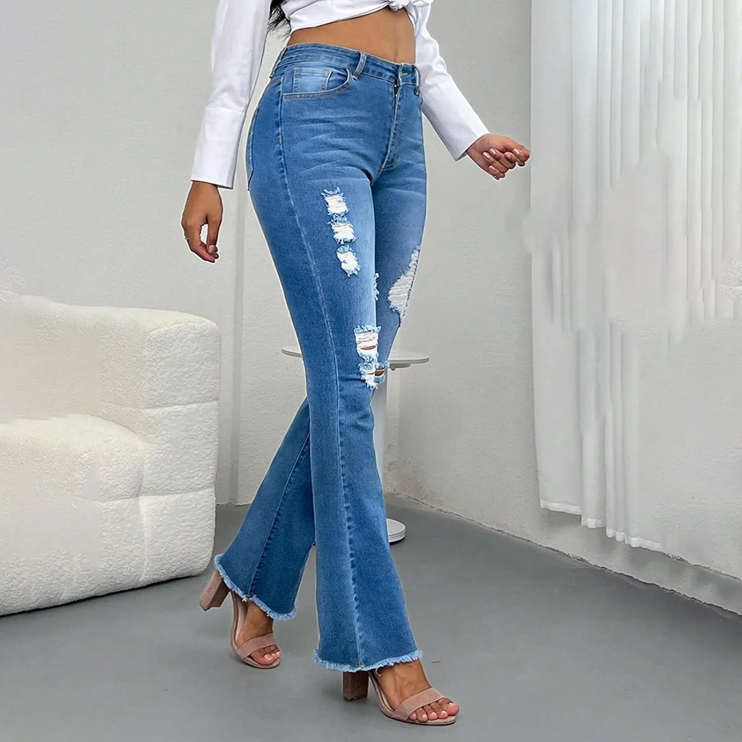 High Waisted Jeans for Women Wide Leg Distressed Hem Denim Pants with Pockets Summer Ripped Tights Boot Cut Comfy Jeans 2025