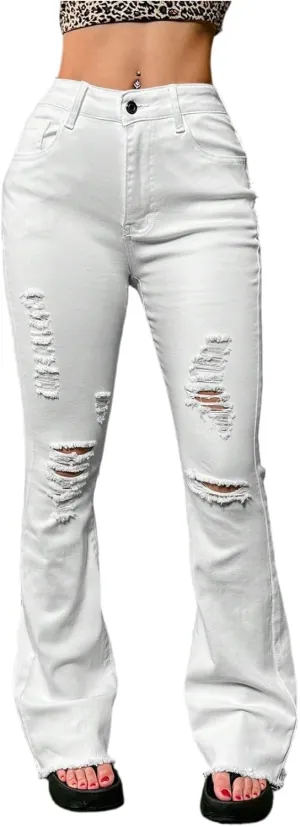 High Waisted Jeans for Women Wide Leg Distressed Hem Denim Pants with Pockets Summer Ripped Tights Boot Cut Comfy Jeans 2025