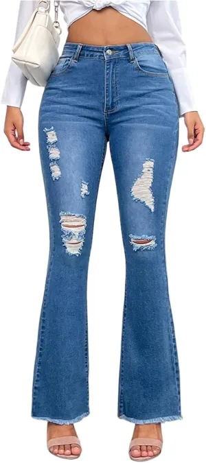 High Waisted Jeans for Women Wide Leg Distressed Hem Denim Pants with Pockets Summer Ripped Tights Boot Cut Comfy Jeans 2025