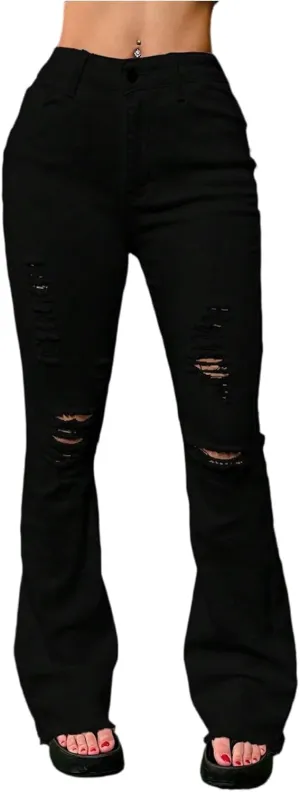 High Waisted Jeans for Women Wide Leg Distressed Hem Denim Pants with Pockets Summer Ripped Tights Boot Cut Comfy Jeans 2025
